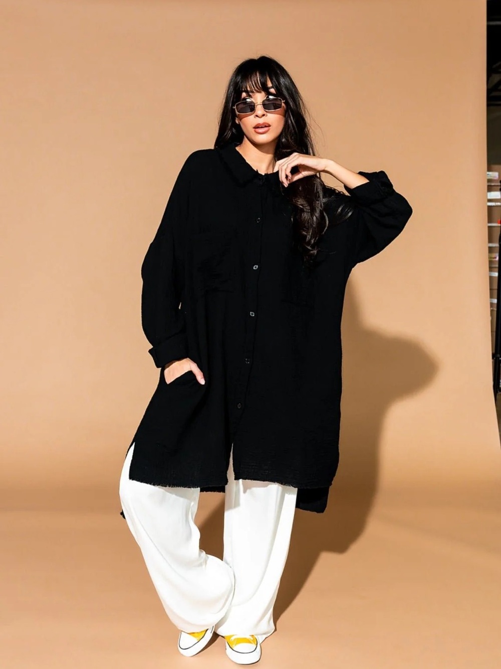 LALA Made Me Do It oversized button up in black